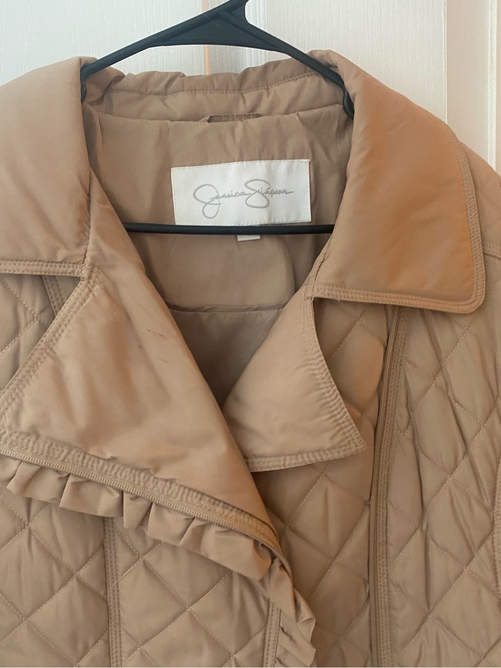 Jessica Simpson Quilted Beige Ruffle-Trim Puffer Jacket - Picture 3 of 5